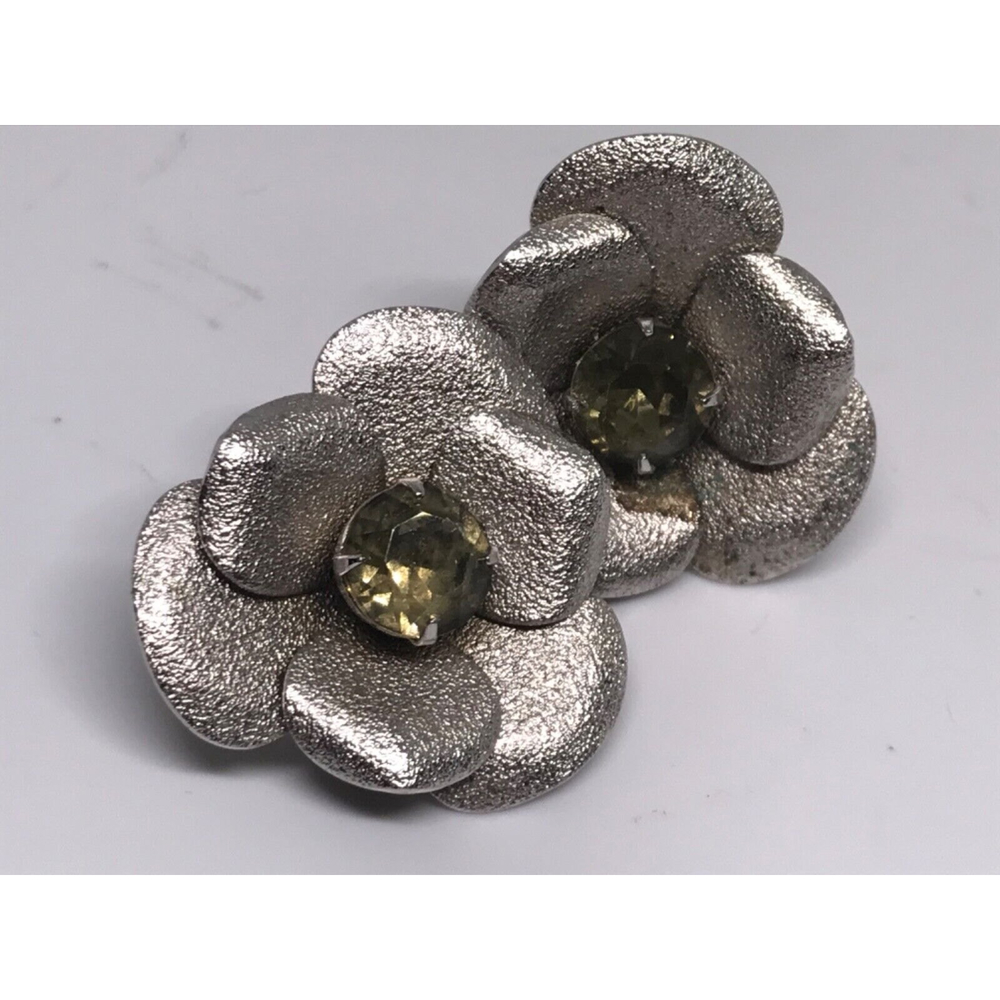 Sarah Coventry Clip Earrings Smoky Gray Flower Rhinestone Center